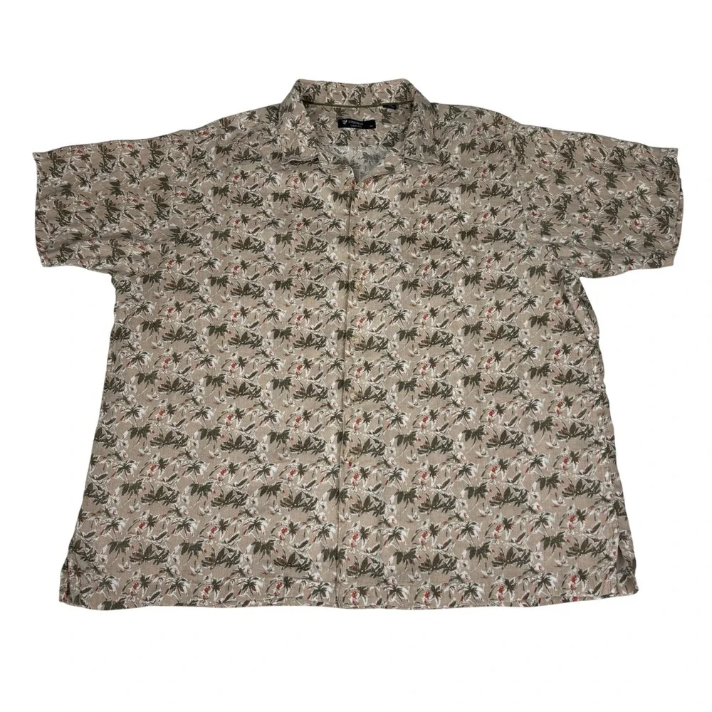 Cremieux 100% Linen Hawaiian Camp Shirt XXL Beige Tropical Palm Print